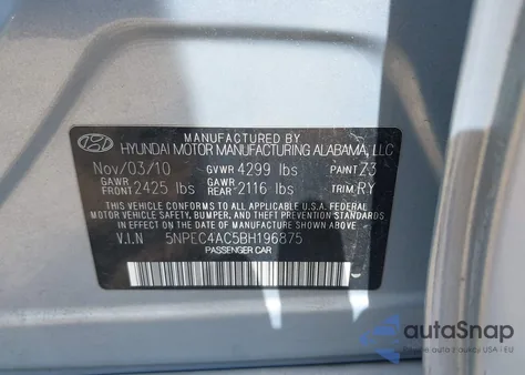 2011 Hyundai Sonata Se z USA, uszkodzony, nr VIN 5NPEC4AC5BH196875